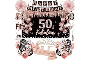 UIORGUI 50th Birthday Decorations for Women, 33pcs 50th Birthday Crown and Sash, Black Rose Gold Happy 50th Birthday Banner Balloons Backdrop Hanging Swirls Paper Fans, 50 Years Old Birthday Decorations Kit