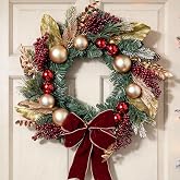 Christmas Wreath Front Door Wreaths - 16 Inch Holiday Wreath with Burgundy Bow for Wall, Window, Porch, Entryway, Indoor Winter Christmas Décor, Festive Gift for Family Friends