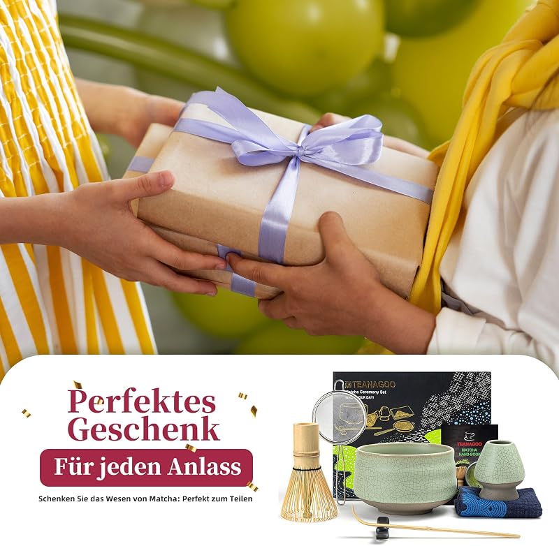 Matcha Set, 7-teilig mit Keramikschale & Bambusbesen, Hellgrün