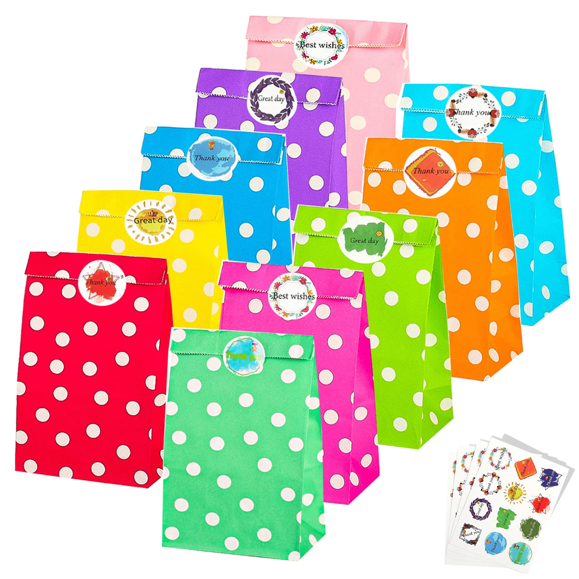 TOOELMON 50 PCS Dots Kraft Paper Gift Bags, Candy Goodie Treat Bags with 60 PCS Stickers for Birthday, Picnic, Wedding Parties (130 * 80 * 240mm, Round Dot-50pcs)