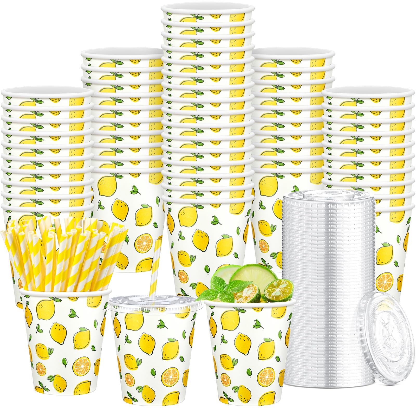 Photo 1 of 150 Pieces/50 Sets Lemonade Cups with Lids and Paper Straws 9oz Disposable Iced Coffee Paper Cup Summer Citrus Cold Cups for Lemonade Stand Supplies Fruit Party Beverages Drinks Juices