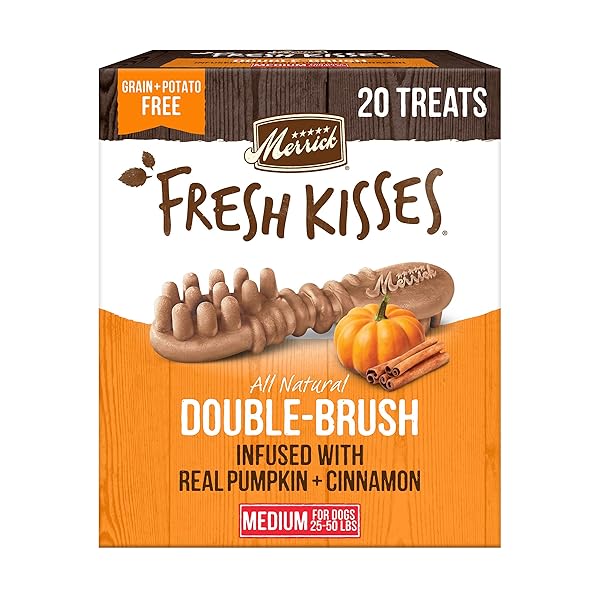 MERRICK FRESH KISSES NATURAL DENTAL CHEWS, TREATS INFUSED WITH PUMPKIN AND CINNAMON FOR MEDIUM DOGS 25-50 LBS – 20 OZ. BAG