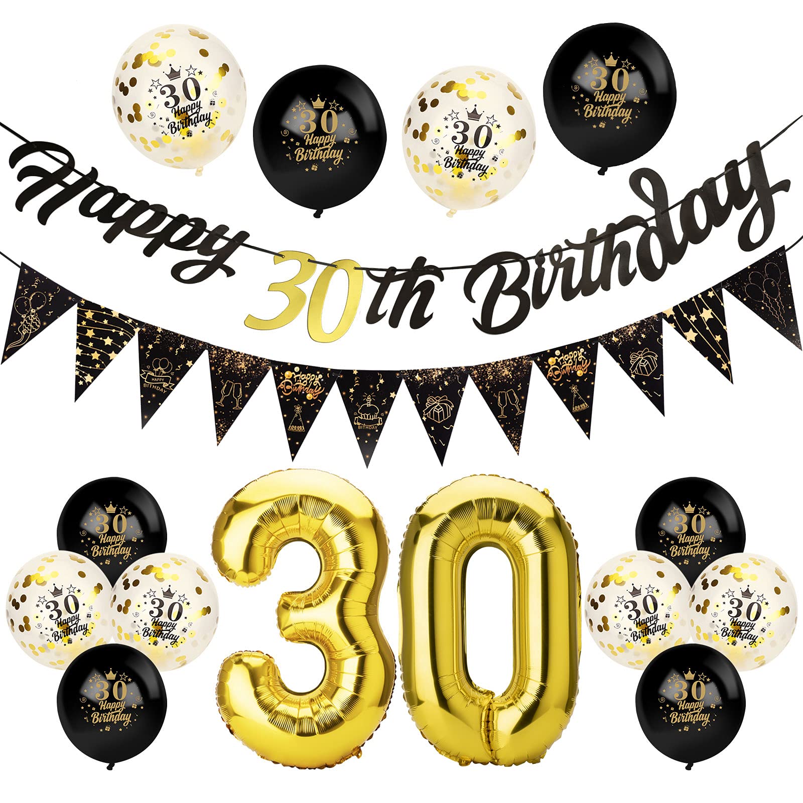 Afirbeone 30th Birthday Decorations Set, Including Black Gold Happy Birthday Banner, Triangle Flag Banner, Confetti Latex Balloons and Aluminum Foil Balloons for Party Decoration — image 1