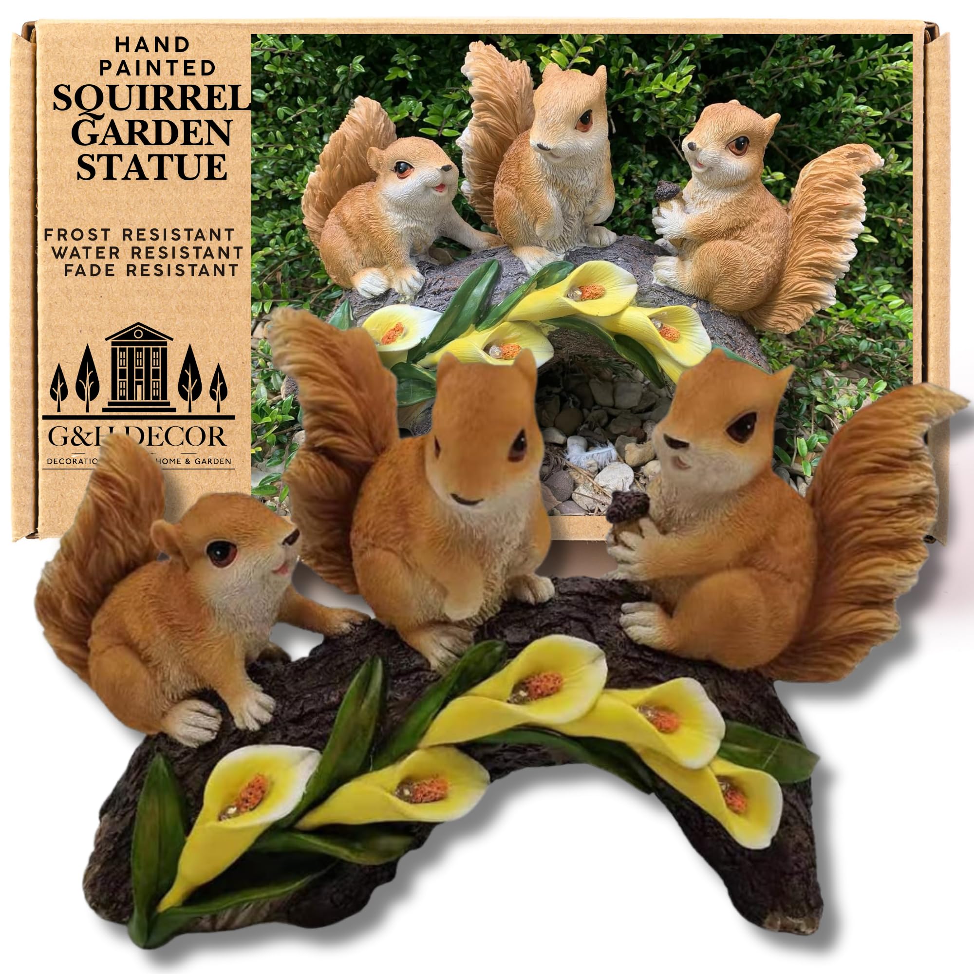 G&H Decor - Solar Powered 12 Inch Red Squirrel Ornament - Hand Painted Squirrel Garden Ornaments Outdoor Statue for Patio Balcony - Weather Resistant Solar Lights Outdoor Garden Ornaments - LED Light