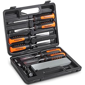 VonHaus 8 pc Craftsman Woodworking Wood Chisel Set for Carving with Honing Guide, Sharpening Stone and Storage Case