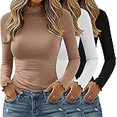 Velvelhall 3 Pack Women's Mock Turtleneck Tops Long Sleeve Lettuce Trim Shirts Ruffle Neck Slim Fit Casual Tight Layer(White, Black, Khaki,XX-Large)