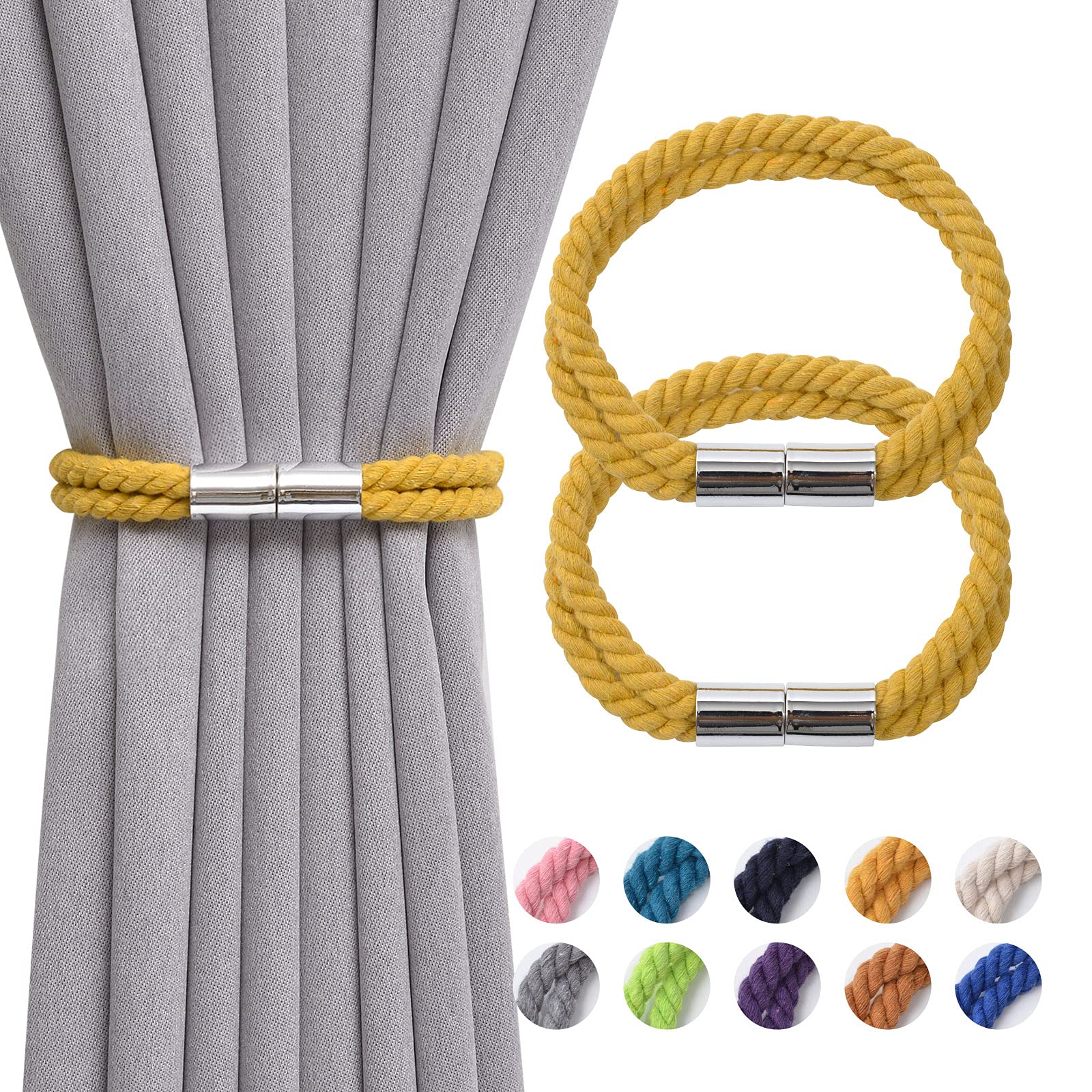 Pretty Jolly 2 Pack Strong Magnetic Curtain Tiebacks Boho Decoration Drape Tie Backs Natural Cotton Handmade Double Rope Curtain Holdbacks for Thin or Thick Home & Office Window Drapery (Yellow)