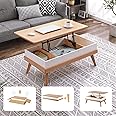Bidiso Lift Top Coffee Center Table with Hidden Storage Compartment, Easy-to-Assembly , Dining Table for Living Room Reception/Home Office, Oak