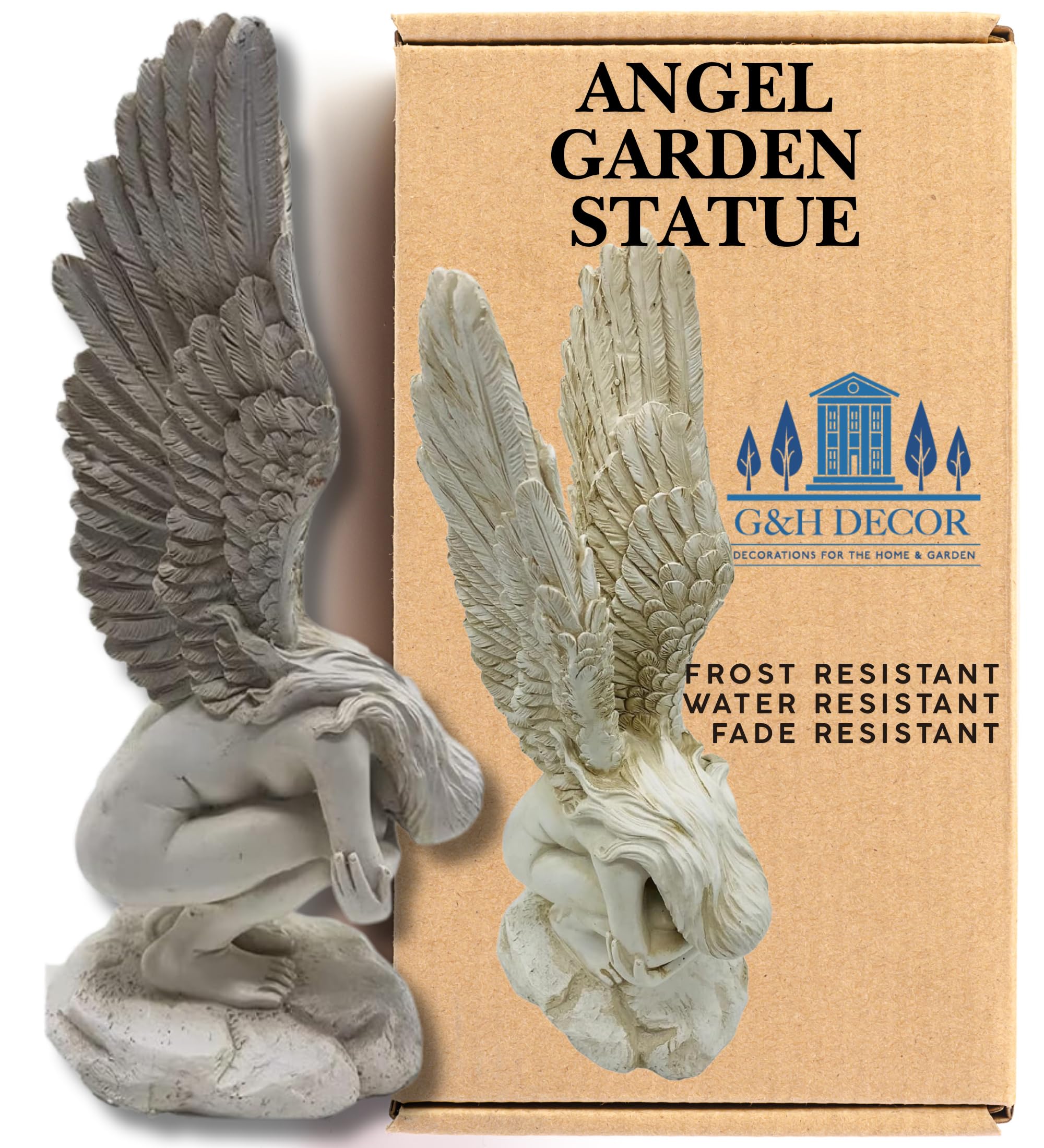 G&H Decor - Weeping Garden Angels 33cm Statue - Remembrance and Redemption Outdoor Memorial Sculpture Ornament - Resin Crying Archangel Figurine with Wings - Holy Family Statue Catholic Decoration
