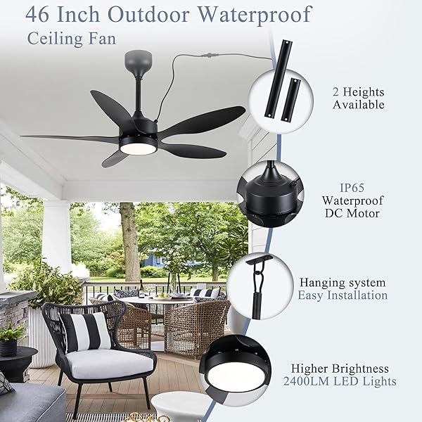LSPMKE 46 INCH WATERPROOF OUTDOOR CEILING FAN WITH LIGHTS AND REMOTE, IP65 HANGING GAZEBO FAN WITH 3CCT, 6 SPEED DC MOTOR, BLACK WET RATED PLUG IN CEILING FAN WITH CORD FOR PATIOS, PORCH, PERGOLA