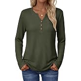 Zeagoo Women's Long Sleeve Waffle Knit Tops 2026 Fall Henley V Neck Shirts | Casual Fall Blouses,Plain Tees,Button Up V Neck Tops,2026 Fall Basic Tee Blouse,Soft&amp;Lightweight,Business Work&amp;Travel Clothes