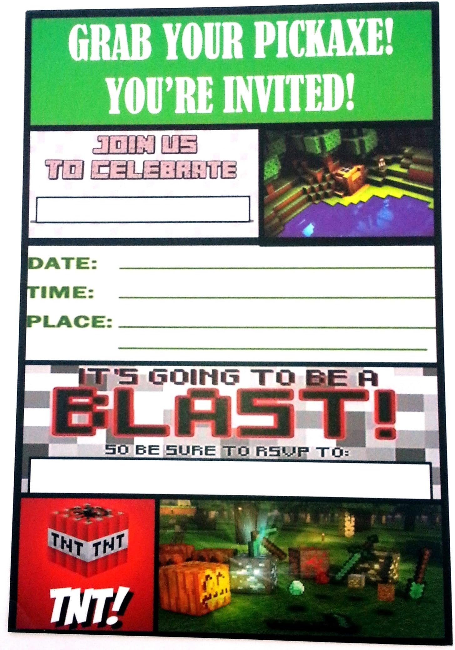 Miner Themed Pixel Party Invitations: 12 Colorful Invitations and 12 White Envelopes and WJS Bonus Birthday Party Planning Checklist