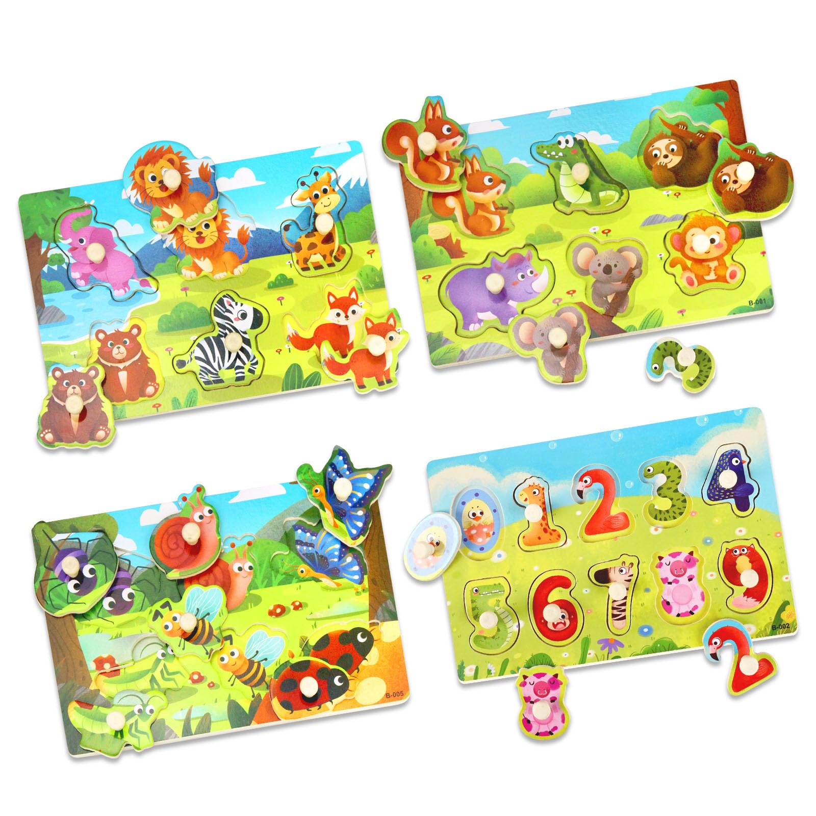 Wooden Puzzles for Toddlers, 4 Pack Animal Theme Jumbo Knob Wooden Matching Jigsaw with Handles, Montessori Preschool Educational Peg Puzzle Set Toys for Boy Girl Ages 1+