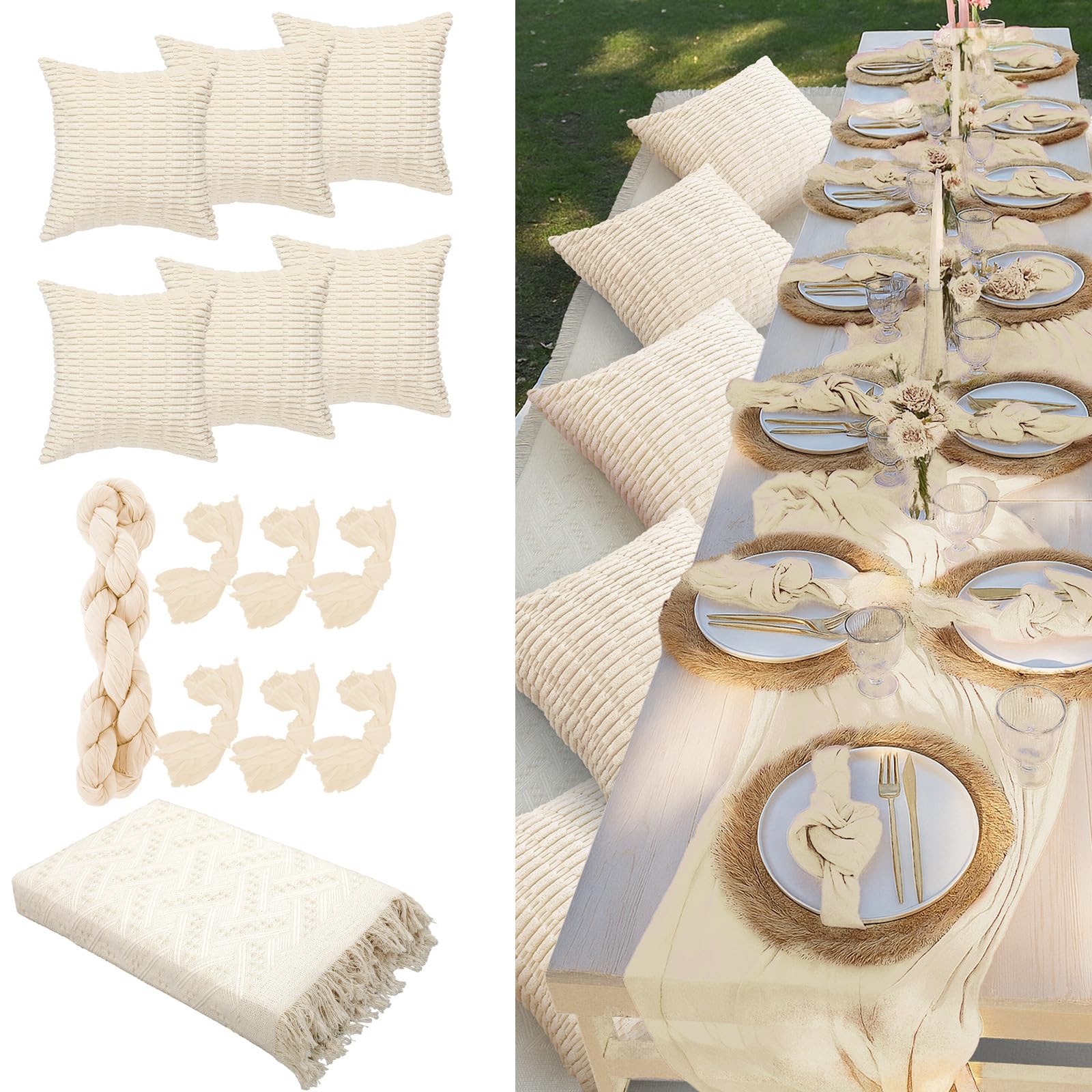 Photo 1 of Beeveer 91 x 71 Extra Large Outdoor Boho Picnic Blanket with White Table Runner, 6 Throw Pillow Covers 6 Napkins Woven Cotton Yarn Oversize Beach Blanket Washable Picnic Camp Wedding