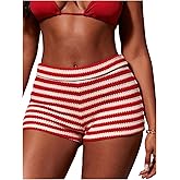 Floerns Women's Y2k Striped Crochet Mini Shorts Low Rise Knitted Summer Micro Shorts