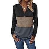 Zeagoo Women's Waffle Shirts V Neck Long Sleeve Tops Color Block T-Shirts Casual Pullover Tunics 2025 Fashion Basic Tees