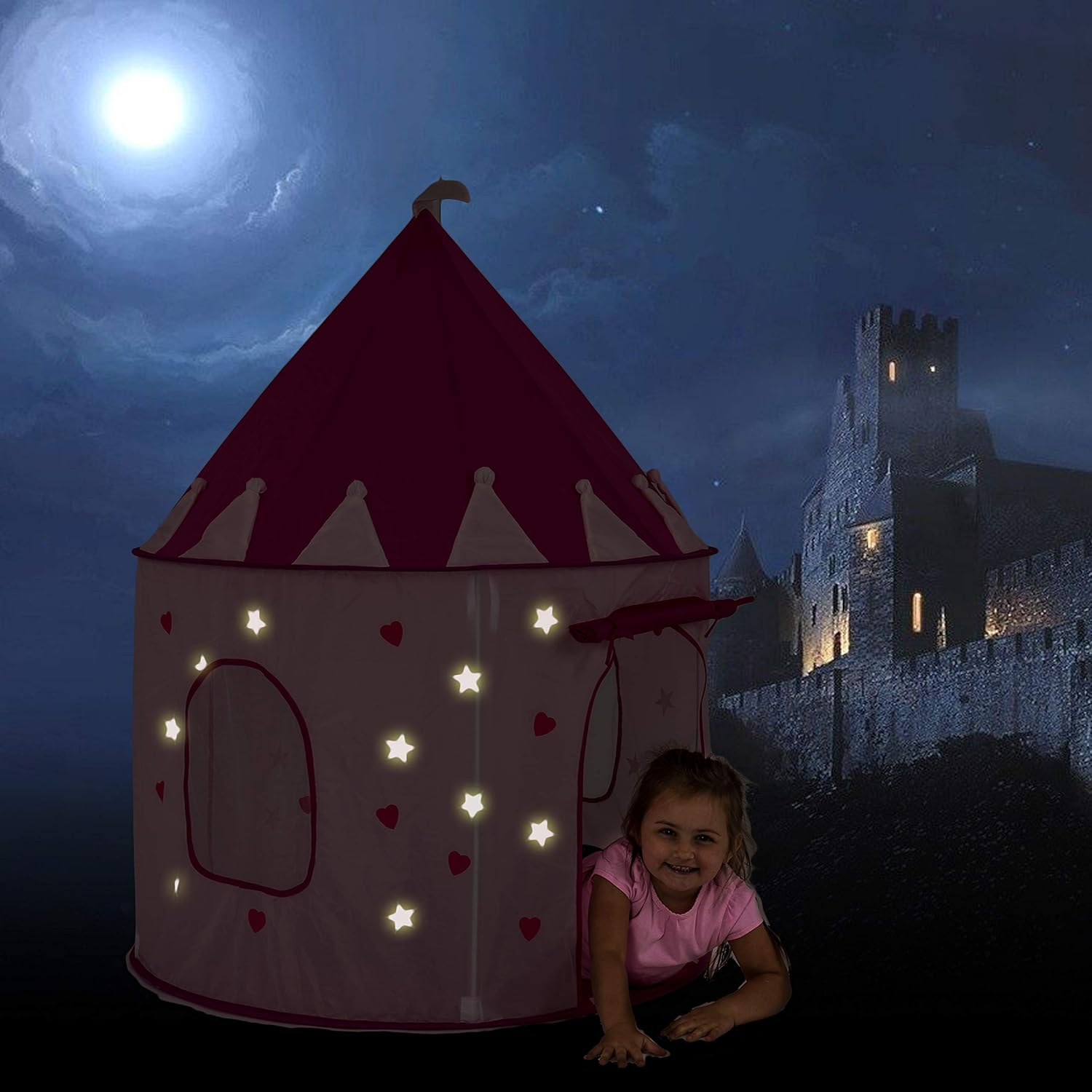 FoxPrint Princess Castle Play Tent With Glow In The Dark Stars, Conveniently Folds In To A Carrying Case, Your Kids Will Enjoy This Foldable Pop Up Pink Play Tent/House Toy For Indoor and Outdoor Use: Toys & Games