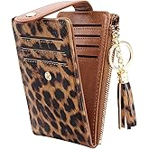 Simikol Slim Card Holder Wallet for Women RFID Blocking Leather Multi Card Bifold Wallet with Tassel Zipper Coin Pocket,Leopard