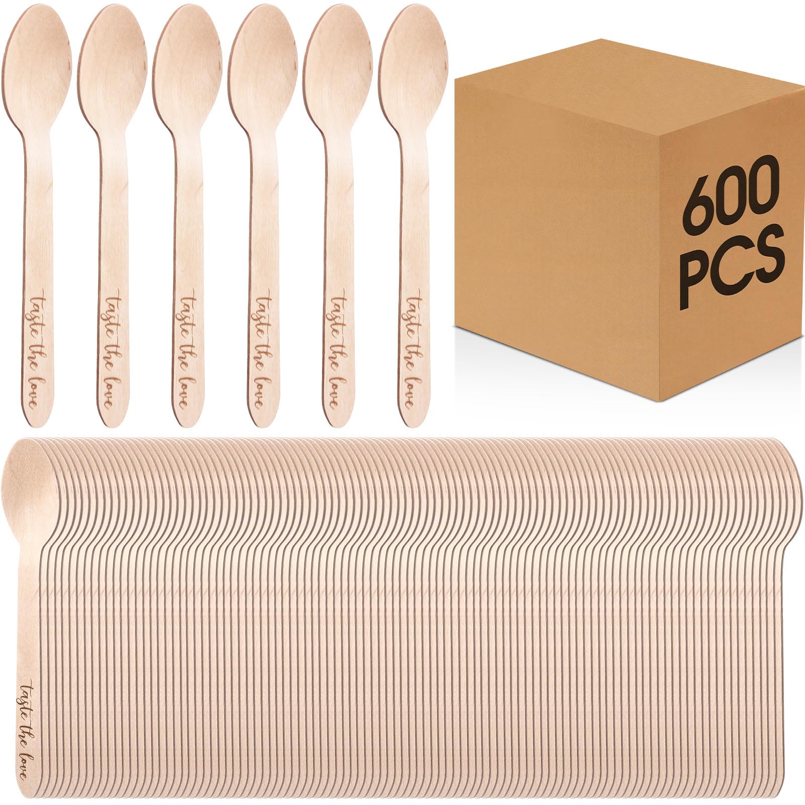Photo 1 of Lasnten 600 Pcs Wooden Disposable Spoons Bulk 6.3 Inch Small Soup Spoons Engraved "taste the Love" Ideal Mini Honey Teaspoon Cutlery Set for Seasoning Oil Coffee Tea Sugar for Wedding Party Supplies