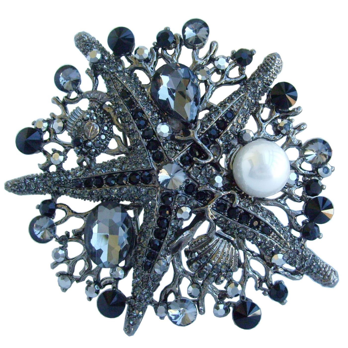Sindary 3.15" Unique Starfish Brooch Pin Pendant Austrian Crystal UKB6412 (Black-Tone Black)