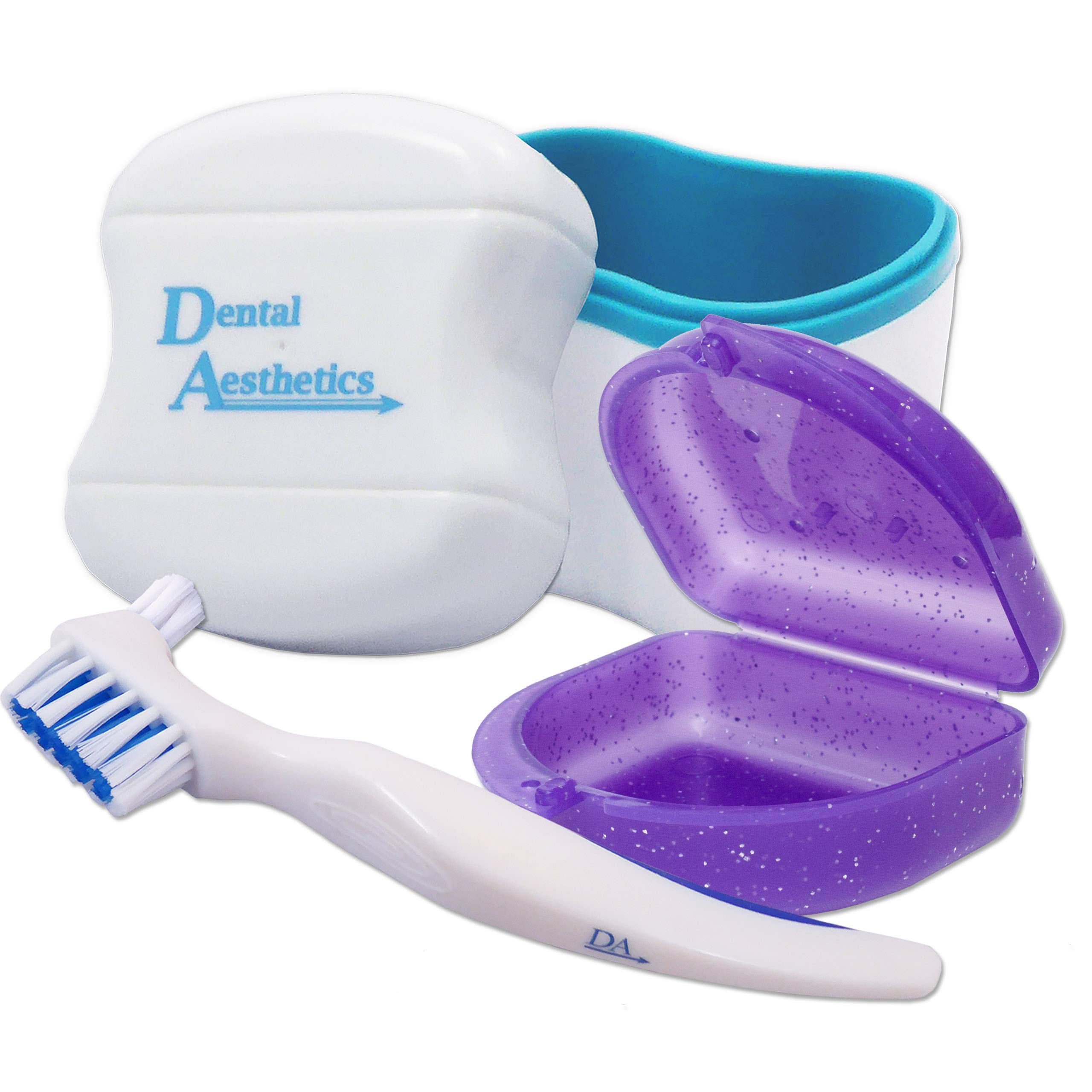 Dental Bath, Retainer Case and Brush ~ Storage Case and Container for Soaking and Cleaning Ortho Retainers (Blue Bath, Glitter Purple Case)