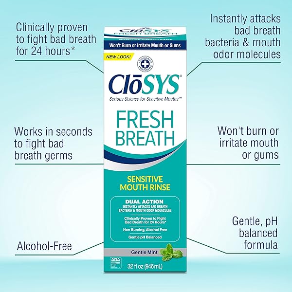 CLOSYS SENSITIVE MOUTHWASH, 32 OUNCE, 2 COUNT, GENTLE MINT, ALCOHOL FREE, DYE FREE, PH BALANCED, HELPS SOOTHE MOUTH SENSITIVITY, FIGHTS BAD BREATH