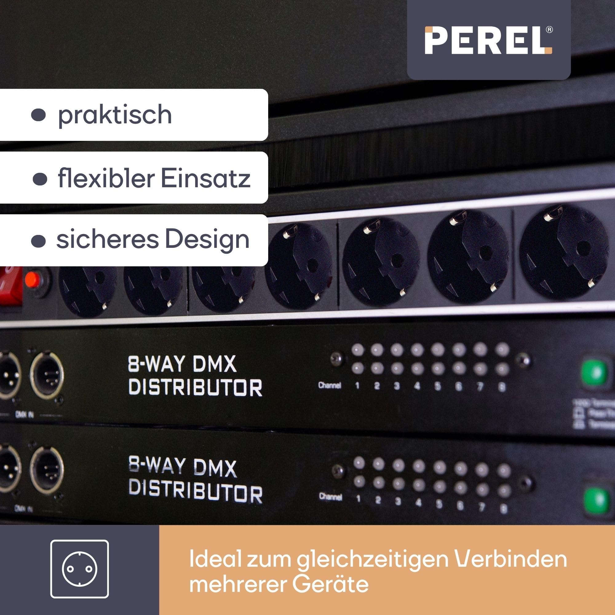 Perel PDU-Steckdosenleiste mit 8 Schuko-Steckdosen Typ F, Schalter und Überspannungsschutz, 2,15 m H05VV-F 3G1.5-Kabel, 3680 W Stromverteiler für 19-Zoll-Rack, Serverschrank und Büro 2
