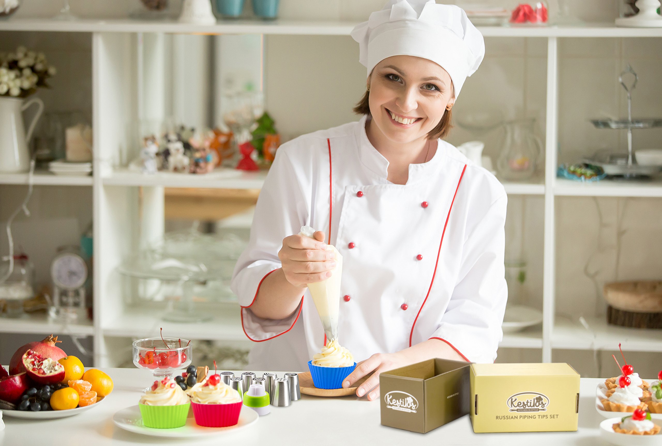 Russian Piping Tips Set By Kestilos – 7 Cake & Cupcake Decorating Icing Nozzles, A 3 Color Coupler, 5 Disposable Pastry Bags & 12 Silicon Cupcakes Molds