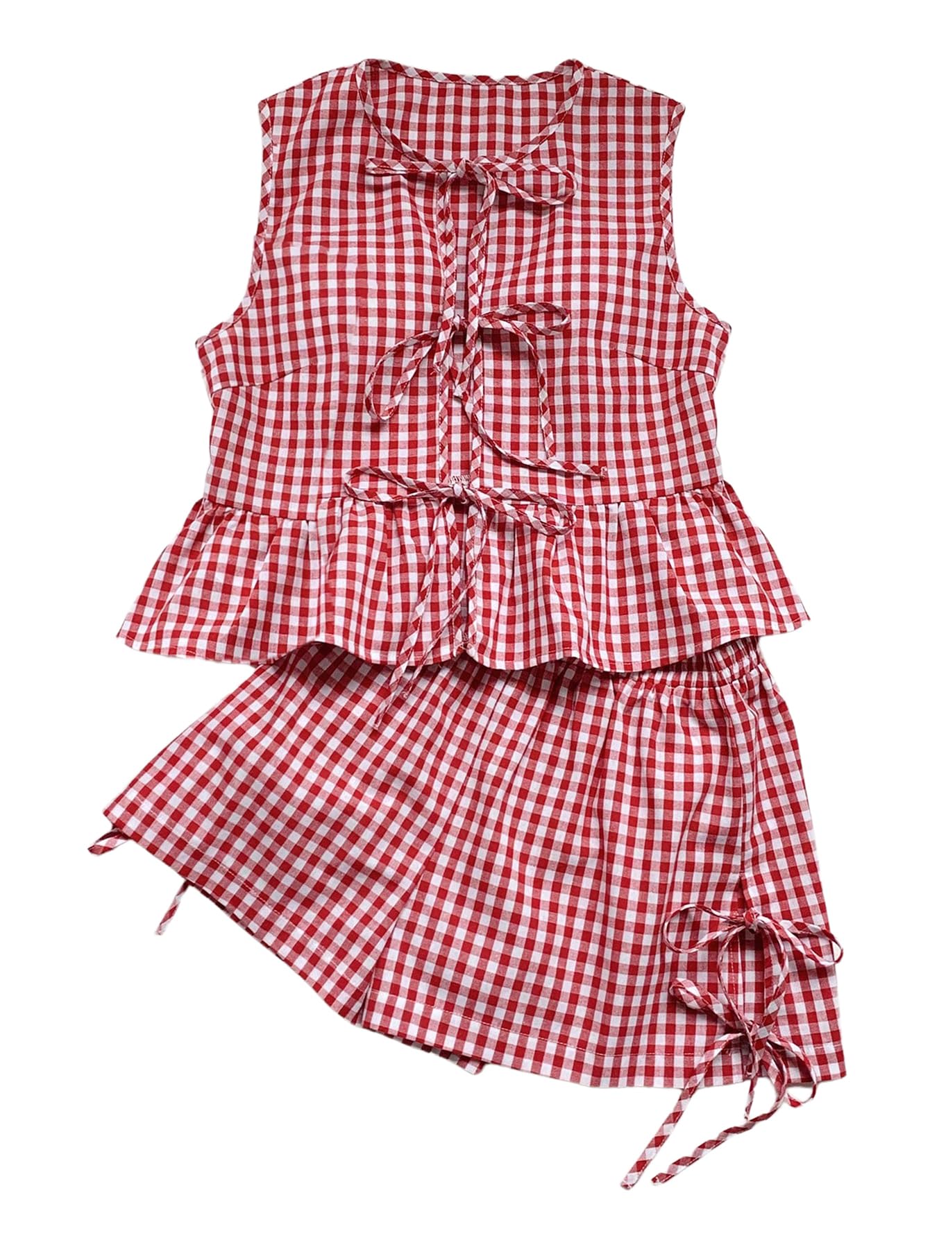 Photo 1 of SOLY HUX Women's Plus Size 2 Piece Outfits Y2k Plaid Bow Tie Front Ruffle Hem Cute Tops and Shorts Set Red and White Gingham XX-Large Plus
