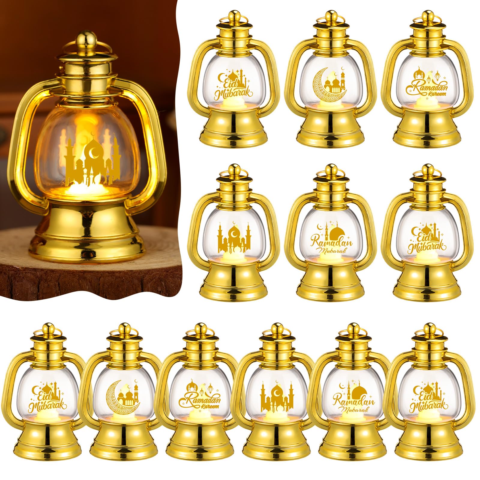 Photo 1 of ROCEEI 12 Pcs Ramadan Eid Lantern Mini Gold Lanterns Decorative with LED Candles Small Eid Mubarak Decor Vintage Hanging Lantern Lights for Home Table Centerpiece Party Gift