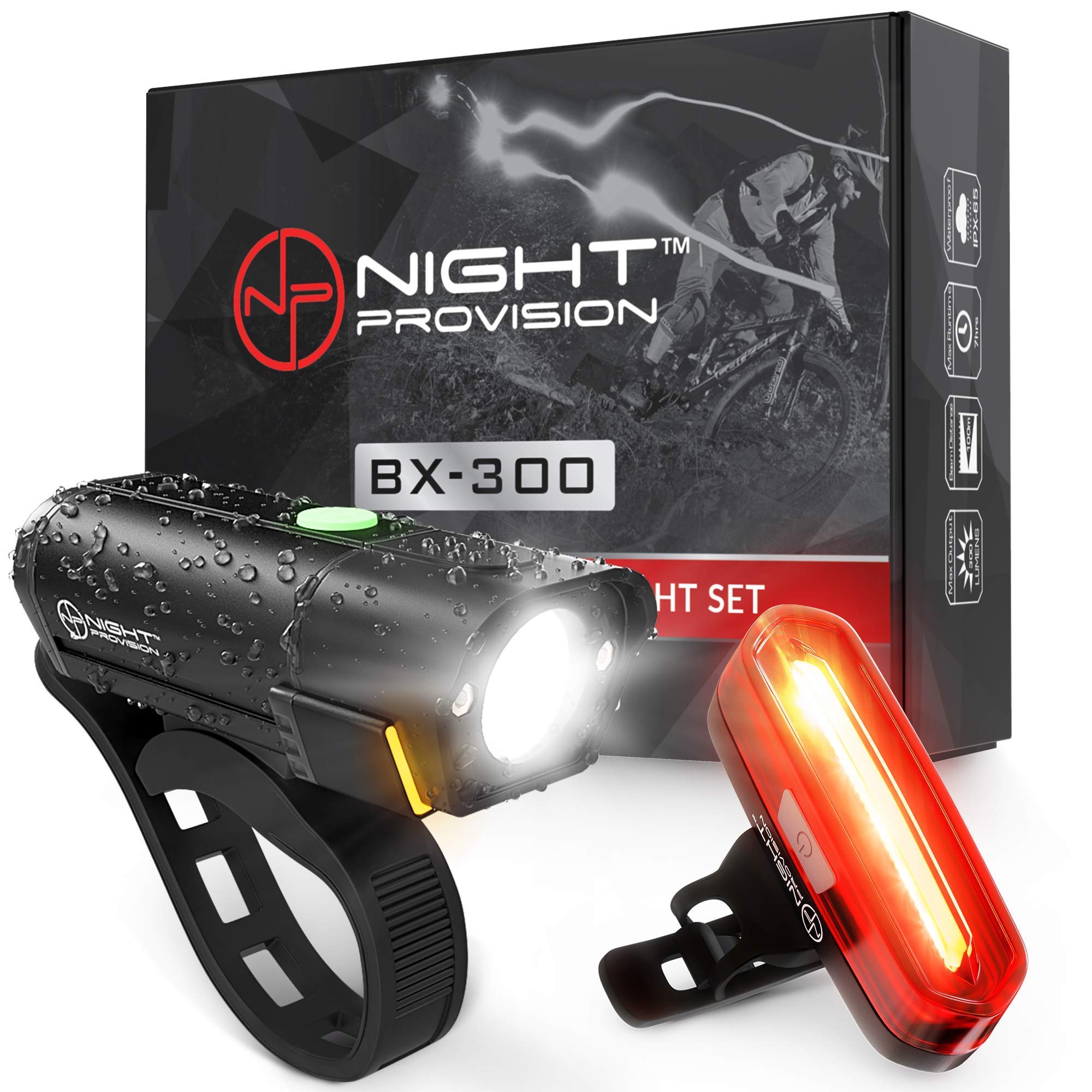 NP NIGHT PROVISION BX-300 USB Rechargeable LED Bike Light Set Front and Back Cycling Safety Lights Best Headlight with New DUO-120 USB Tail Light for Adults Kids Men Women