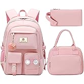 Hidds School Backpack for Teen Girls Women College Laptop Backpacks Kids Cute Bookbag Set with Lunch Box Pencil Case Elementary Middle High Campus Bag 3 Pcs Students Bookbags Sets Travel Daypack-Pink