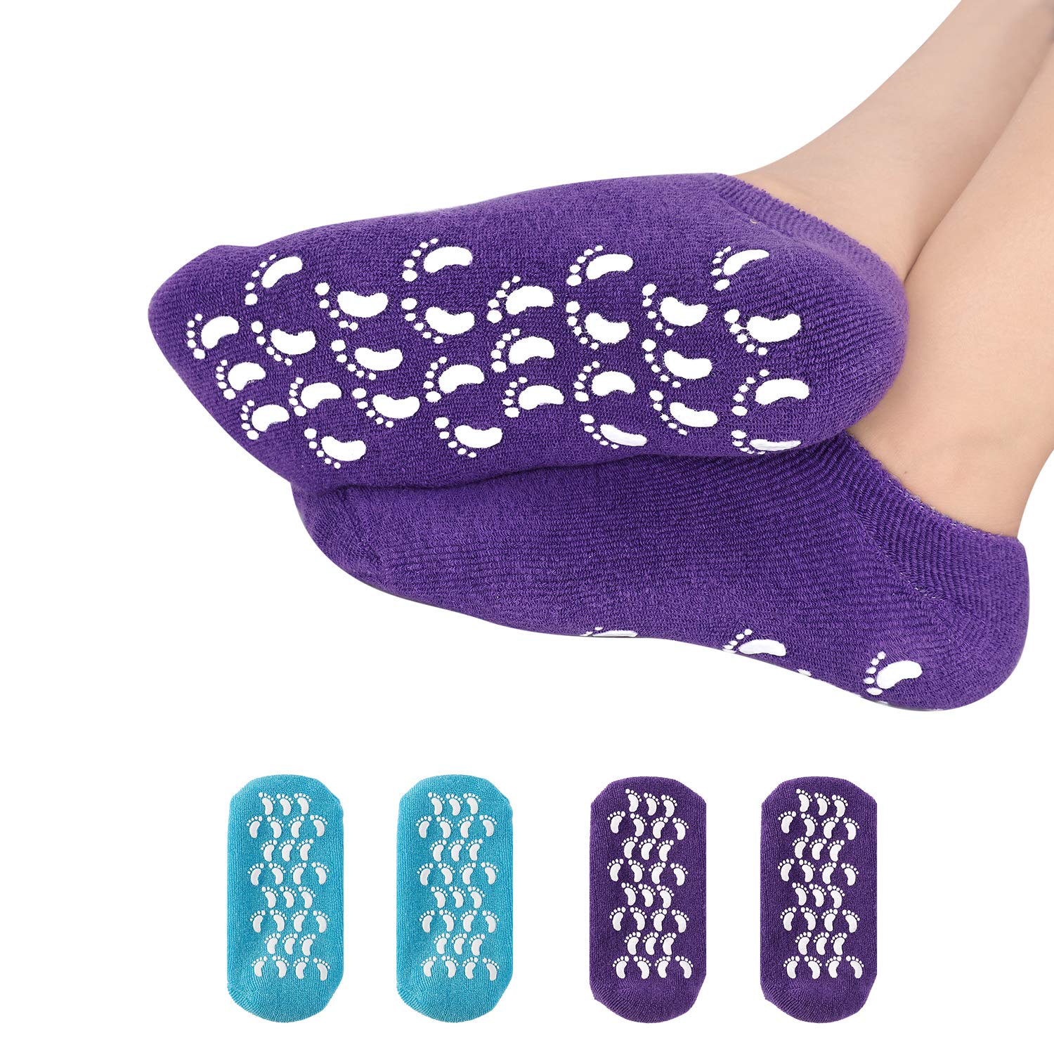 (4PC) Heel Spa Socks, Moisturizing Socks, Soft Gel Socks Inner Lining Infused with Essential Oils and Lotions -Best for Rough Calluses, Cracked Heel, Soften Dry feet/ (Blue & Purple) for Women & Men. : Beauty