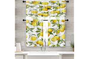 Tayney Lemon Fruits Kitchen Curtains Flower Leaves Window Curtains Valance and Tier Set 36 Inch, Summer Tropical Short Tier Curtain, Fruit Background Small Kitchen Decor