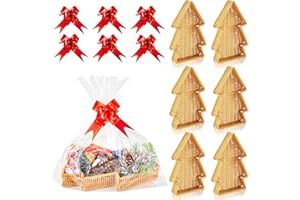 Yookeer 6 Set Baskets for Gifts Empty Christmas Tree Wicker Baskets with Bow Ribbons Ties and with Gift Bags, 11” x 7” Christmas Snack Candy Serving Trays Empty Basket for Xmas Housewarming Gifts