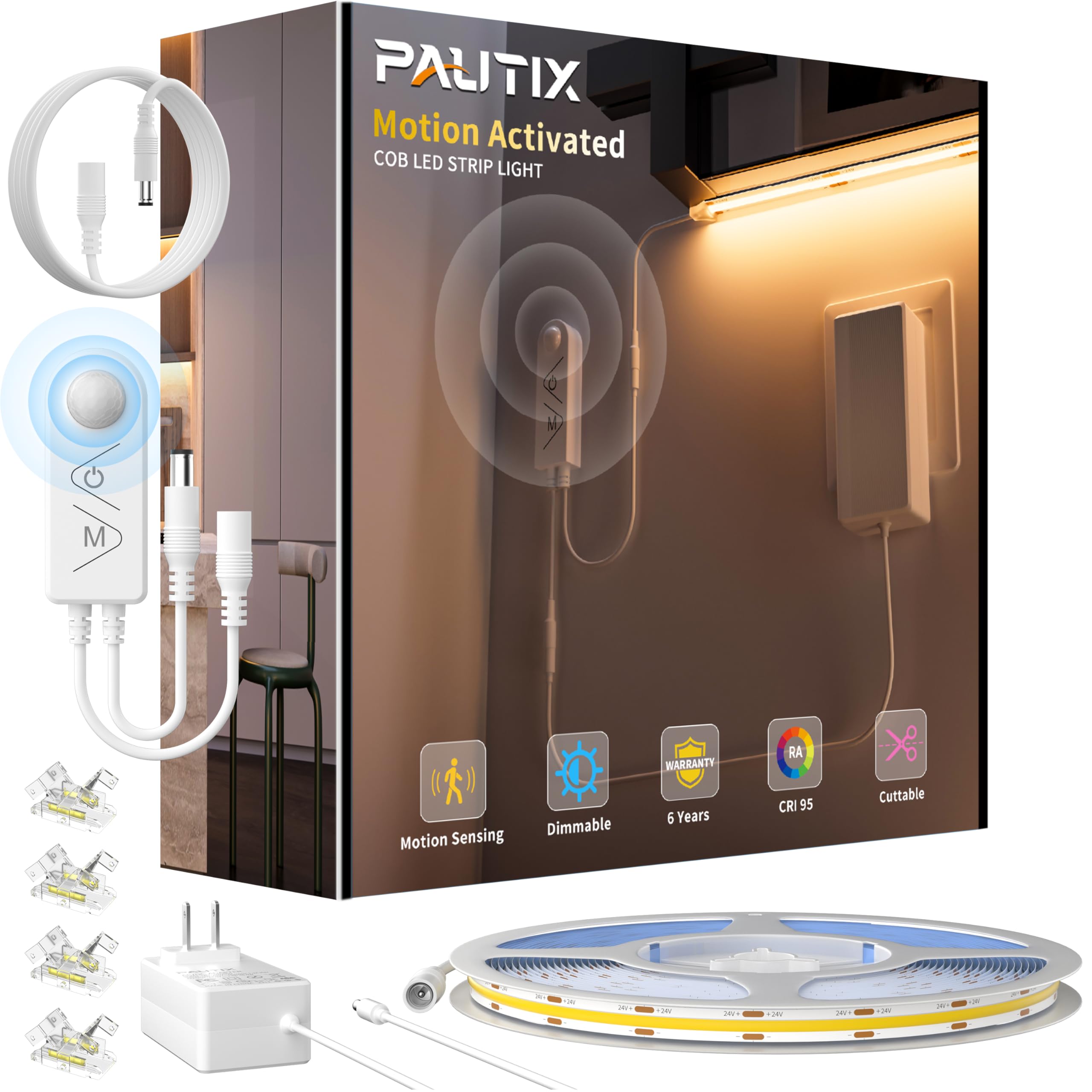 Photo 1 of *MISSING PARTS - See Clerk Notes*
PAUTIX COB LED Strip Lights 2700K Warm White,Motion Sensor LED Lights,Dimmable 24V Motion Activated LED Strip Light,20ft Super Bright with Dual Lighting Mode,for Under Cabinet,Kitchen,Stairs,Bedroom