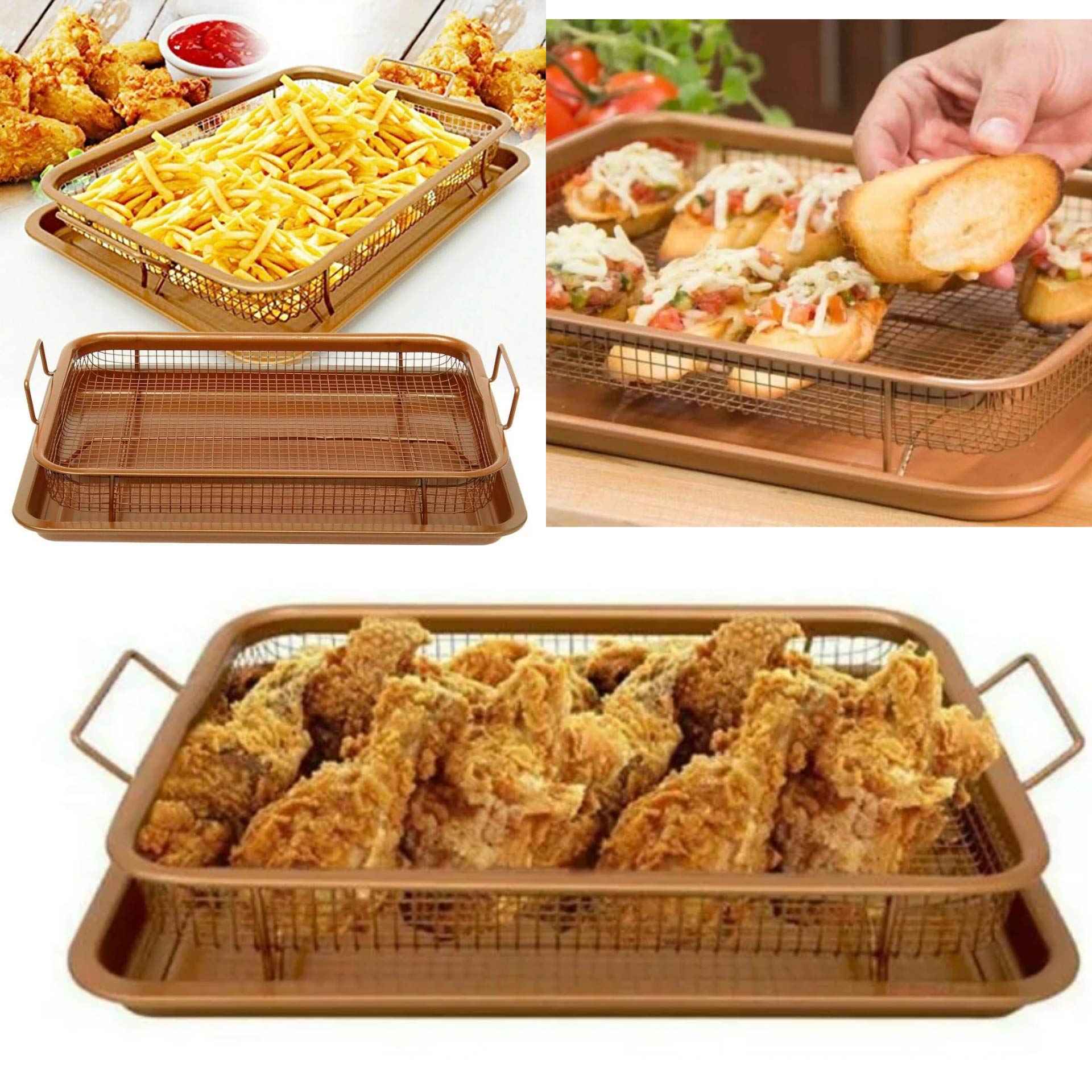 ADEPTNA 2PCS Copper Infused Multi-Purpose Crisper Tray Set Non Stick Mesh Pan Air Fryer Oven Grill Tray Basket (Rectangle Crisper Tray Set)