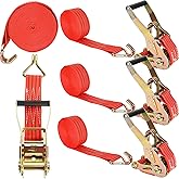 HNBun 4 Pack Ratchet Tie Down Straps, 2 Inch x 20 Feet, 10,000 lbs Break Strength, Heavy Duty Cargo Lashing Straps with Double J Hooks for Trailer, Truck, and Farm Equipment, Red