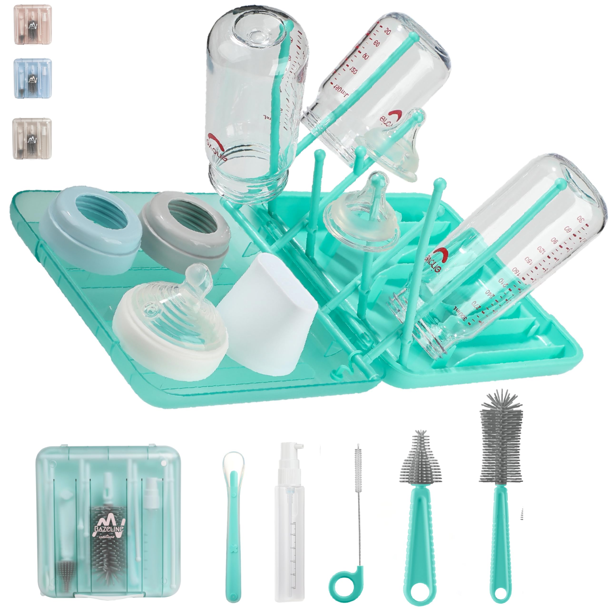 BAZELINE CREATIONS 7-in-1 Baby Bottle Cleaning Kit: Bottle Brush, Teat Brush, Straw Brush, Soap Dispenser, Spoon, Drying Rack Baby Bottles, Storage Box - Travel Essentials (Turquoise)