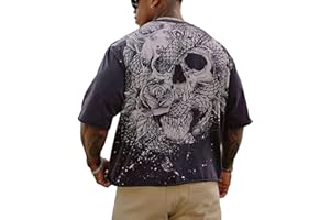 AuriksaLith Men’s Oversized Skull Graphic T-Shirt Vintage Wash Streetwear Tee for Gym Running Casual Drop-Shoulder