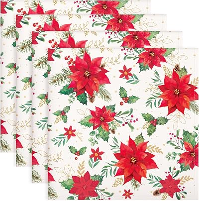 Arquiel Christmas Red Flower Napkins Set of 4, 45cm Cotton Dinner Napkins