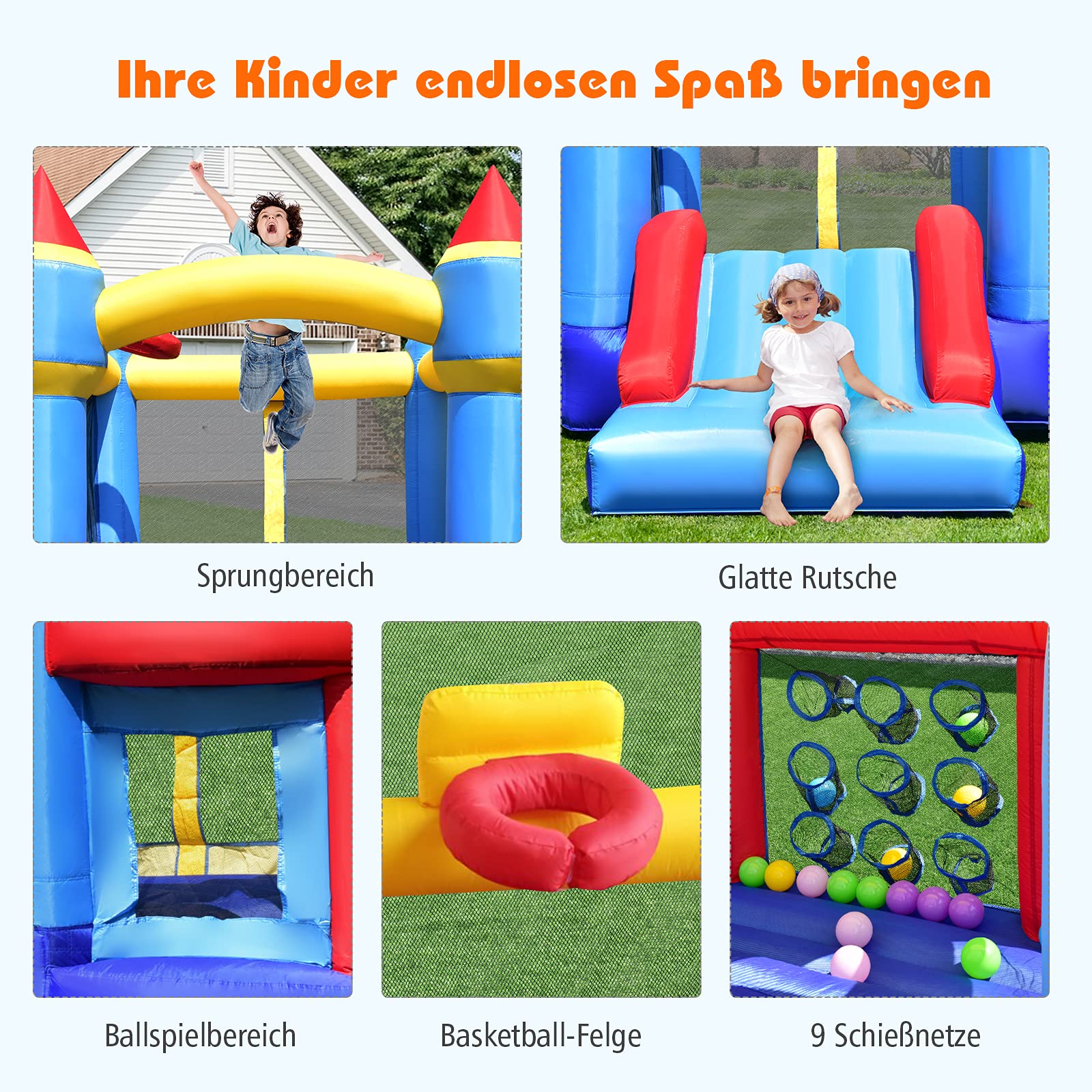 COSTWAY Kinder aufblasbare Hüpfburg, Hüpfburg mit Rutsche, Ballgrube, Reparaturflicken, Aufbewahrungstasche, Kinder-Hüpfburg für Hinterhof, Indoor & Outdoor-Einsatz 270x240x196cm 4
