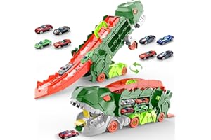 Dufuntotoys City Dinosaur Ultimate Hauler Track Toy for Boys, Transforms into Stomping Dinosaur with Race Track Ultimate Transporter Hauler Toddler Toys Gifts for Kids Birthday (4 Cars)