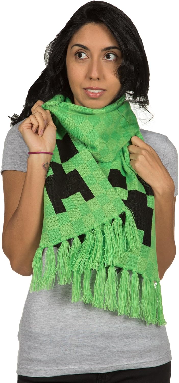 JINX Minecraft Creeper Face Fringed Knit Scarf, Green, 60" x 8": Clothing