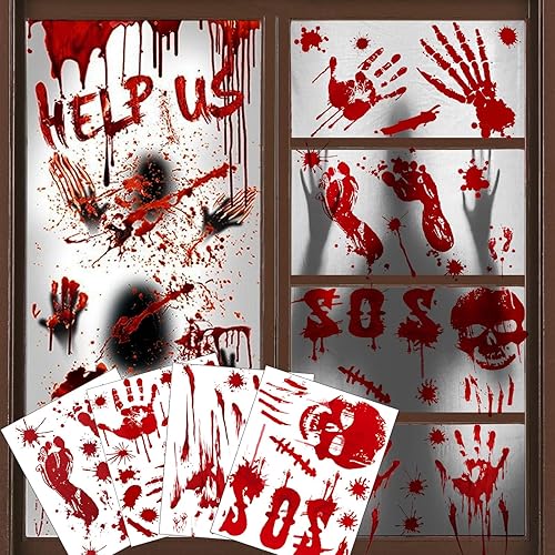 Halloween Window Stickers, Large Spooky Halloween Window Decorations Scary Bloody Handprints Footprints Indoor Outdoor Windows Floor Halloween Party Decorations