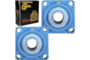 SGTR 2 Pack Premium UCF208-24 Square Flange Bearing, Heavy Duty Industrial Grade, 1-1/2 inch Bore, Super Protective Seal, Self-Alignment, Chrome Steel and Solid Cast Iron Bearing Units
