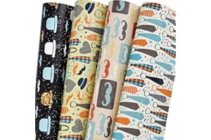 GIOLNIAY Father's Day Wrapping Paper - 4 Design with Ties, Mustache and Jazz Hat for Birthday Christmas - 8 Sheets, 20×29 Inches Each, Recyclable, Easy to Store