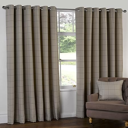 Herringbone Tweed Check Heavy Lined Curtains Natural Beige Latte