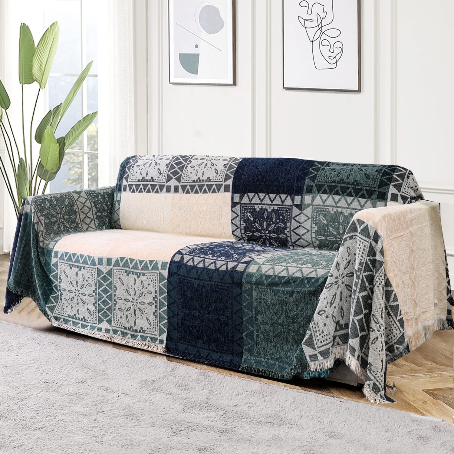 Photo 1 of Turquoize Boho Couch Cover Bohemian Cotton Sofa Cover Sofa Throw Cover for Couches Washable Sectional Sofa Couch Covers For Dogs Feature Hippie Chenille Jacquard Fabric (71"x 118",X-Large, Aqua Beige)