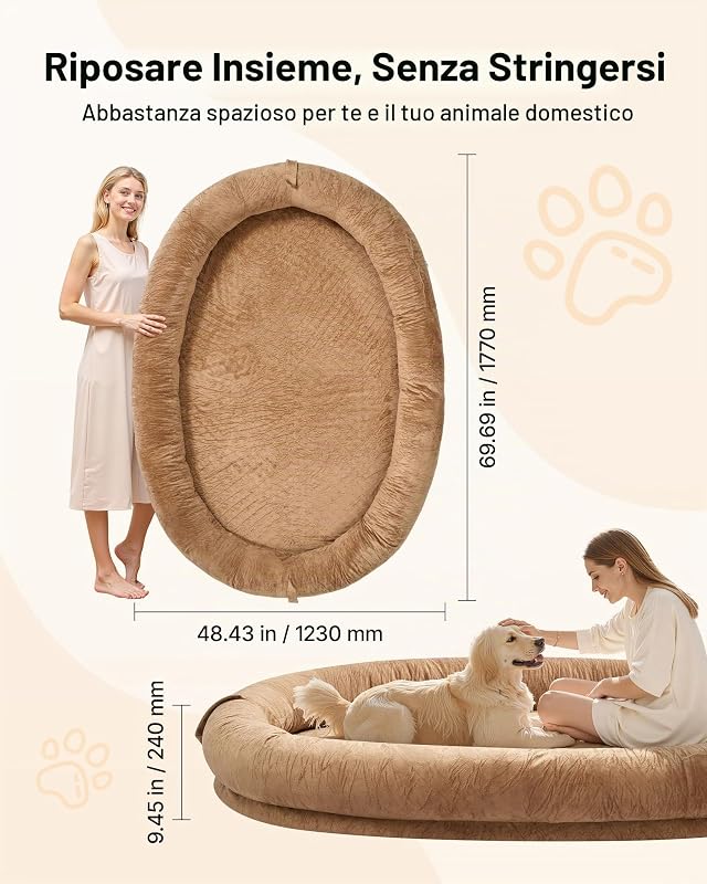 Letto Stile Cane per Umani Amici Pelosi da 1770 x 1230 x 240 mm, Letto per Cani a Misura Umana, con Tasca Laterale, Maniglia e Cerniera, Fodera Rimovibile e Lavabile in Lavatrice, Pelo Corto